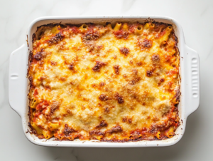 This image shows a rectangle baking dish filled with perfectly baked zucchini boats stuffed with pasta and topped with bubbling golden parmesan cheese.
