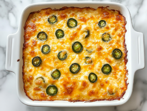 This image shows a freshly baked cheesy jalapeño popper dip in a white square ceramic baking dish with a golden-brown breadcrumb topping, placed on a clean white marble countertop.