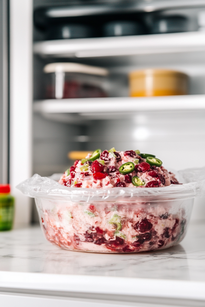 chilled-cranberry-jalapeno-dip-in-a-plastic-conatiner