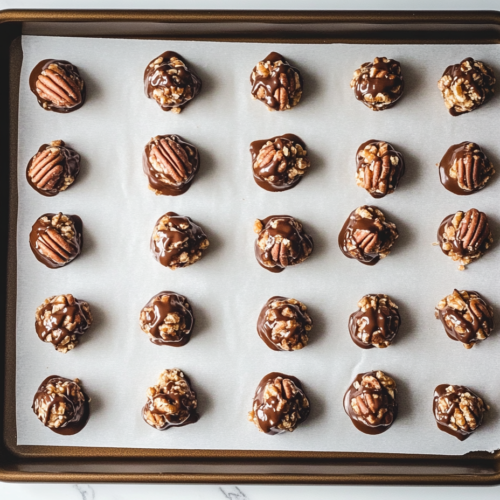 This image shows finished Chocolate Pecan Turtle Clusters with glossy milk chocolate and toasted pecans arranged neatly on a white marble countertop.