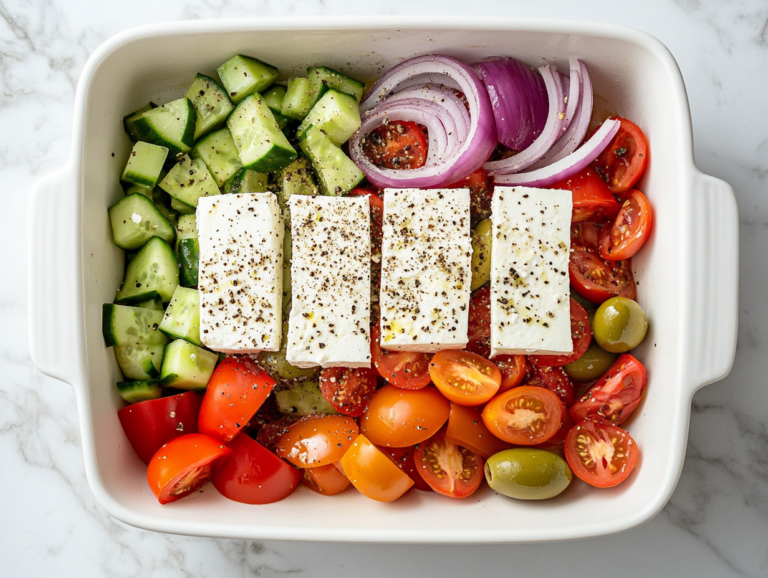 This image shows a vibrant Classic Greek Salad served in a pristine white ceramic bowl, placed on a clean white marble countertop. Thick slabs of feta rest on top of chopped tomatoes, cucumbers, red onions, green bell peppers, and Kalamata olives, garnished with dried oregano. The photo has a clean, minimalist feel with no other objects in the background.
