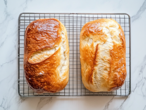 This image shows a top-down view of two golden loaves of classic white bread, one partially sliced, resting on a stainless steel wire rack placed over a clean white marble countertop. The bread has a rich golden-brown crust and a soft, fluffy interior.