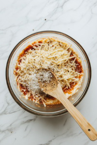 This image shows salt being sprinkled and freshly cracked black pepper being added into the cheesy pasta mixture for flavor.