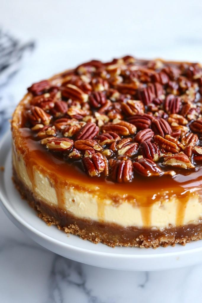 slicing-pecan-pie-cheesecake-and-drizzling-with-warm-caramel-2