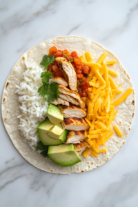 This image shows a tortilla laid flat on a white marble surface with a filling of rice mixture, diced chicken, sliced avocado, ranch dressing, and shredded cheese neatly arranged in the center-bottom.