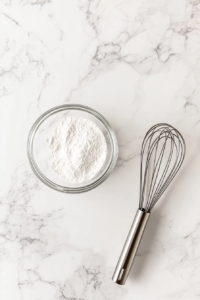This image shows a smooth glaze mixture in a glass bowl on a white marble countertop, with a whisk resting nearby.