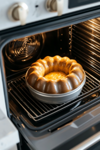 This image shows a Bundt cake mid-bake inside a silver Bundt pan placed in an oven, with the pan set over a clean white marble surface.