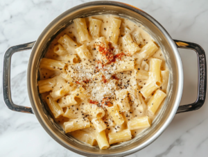 This image shows a bowl of creamy cheese pasta topped with Cheddar, Gouda, and Parmesan on a clean white marble countertop, with no background clutter.