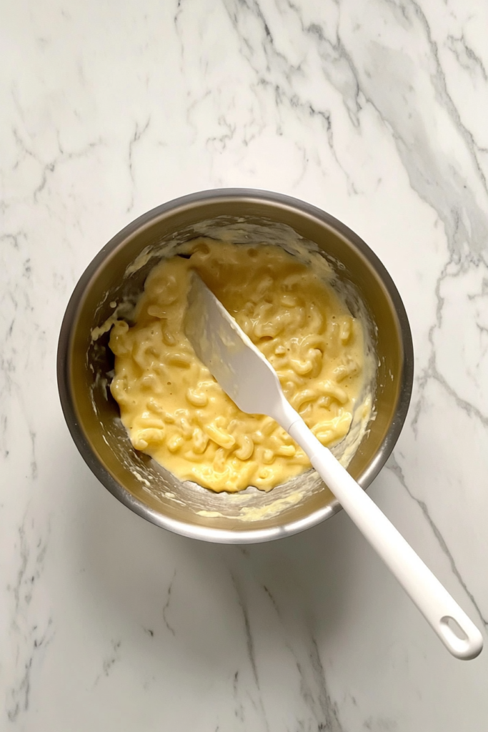 This image shows cooked elbow macaroni added into melted cheese sauce inside a stainless steel pot on a clean white marble cooktop, being stirred with a white silicone spatula.