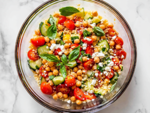 This image shows a top-down view of couscous with roasted and fresh cherry tomatoes, feta, cucumbers, chickpeas, and basil, beautifully plated on a white ceramic plate over a clean white marble countertop.