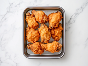 This image shows a top-down view of a white ceramic plate piled with crispy golden-brown fried chicken pieces, sitting on a pristine white marble countertop, with no other items or ingredients in the background for a clean, minimal look.