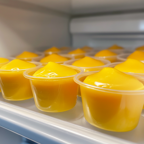 This image shows eight clear glass dessert cups filled with pale yellow mango pudding, neatly arranged on a white marble countertop with no background distractions.