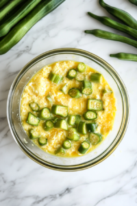 This image shows fresh chopped okra soaking in beaten egg inside a clear glass bowl placed on a white marble cooktop.