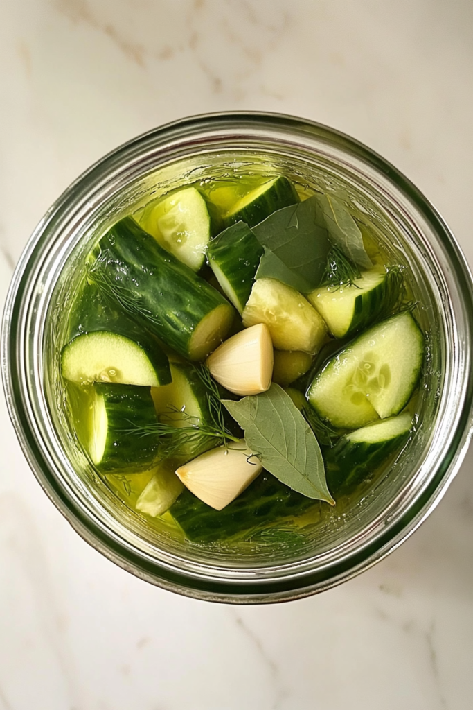 This image shows the sealed pickle jar resting on a white marble countertop before refrigeration, ready to chill for at least an hour or more.