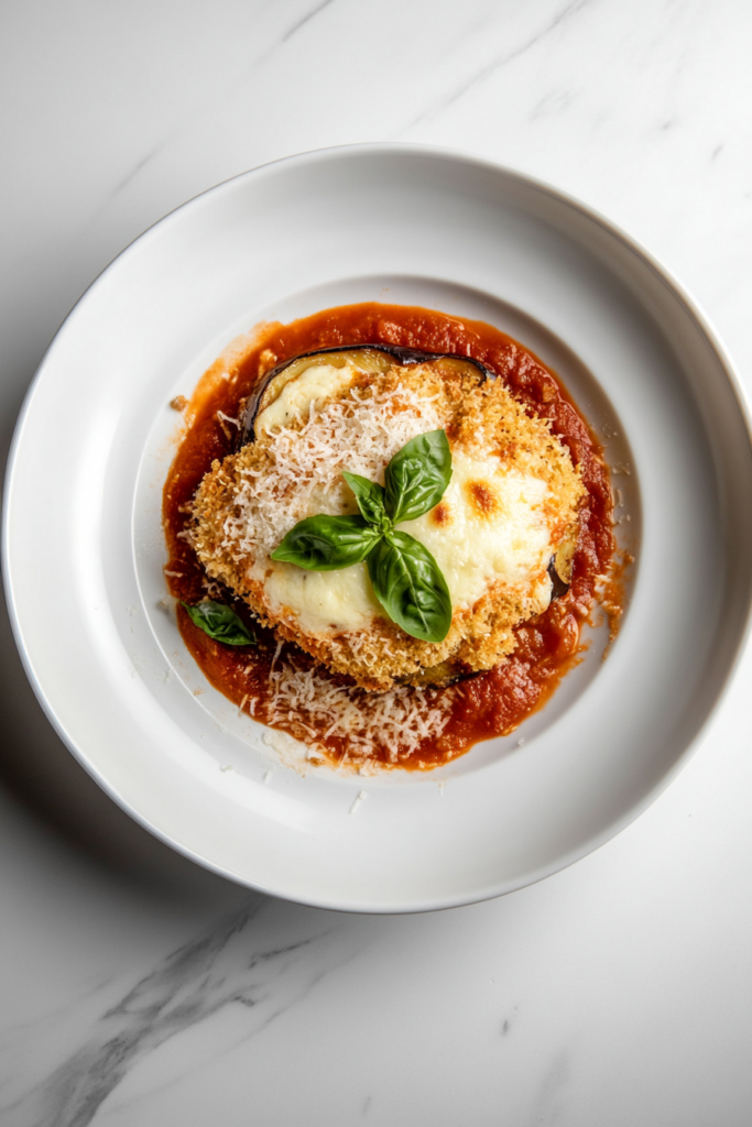 This image shows a white ceramic baking dish filled with golden eggplant Parmesan, ready to serve, sitting on a white marble countertop without any serving utensils.