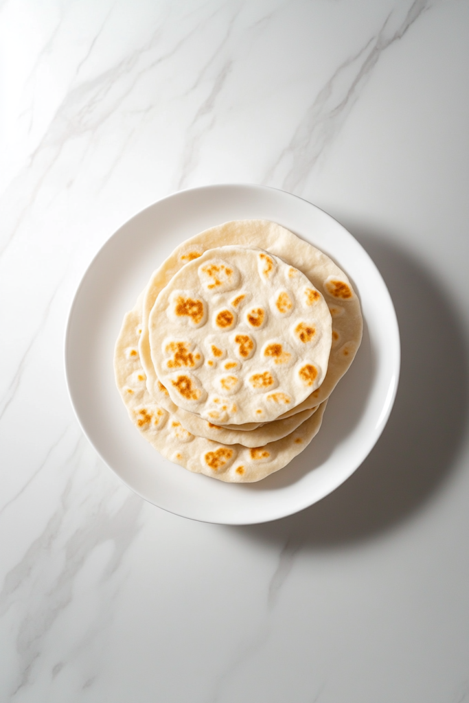 This image shows a stack of warm golden lavash breads on a white ceramic plate placed on a marble countertop.