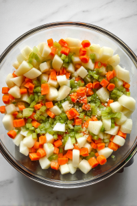 diced-potatoes-carrots-celery-onion-and-salt-in-large-glass-pot-on-white-marble