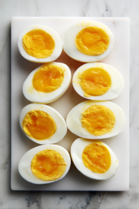 peeled-eggs-sliced-lengthwise-on-white-cutting-board