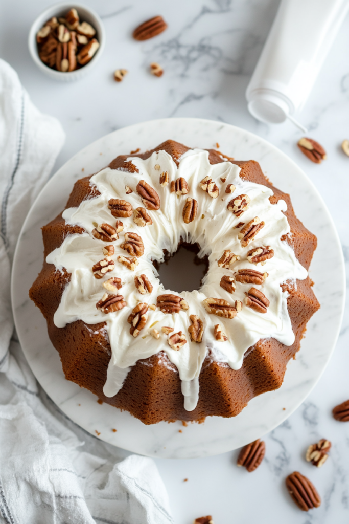 piping-frosting-on-bundt-cake-and-sprinkling-pecans