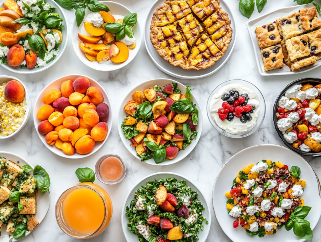 10 Fresh Peach Recipes to Make This Summer 1. Classic Southern Peach Cobbler 2. Brown Sugar Peach Crisp 3. Grilled Peach Burrata Salad 4. Peach Blueberry Crumble Bars 5. Honey Glazed Grilled Peaches 6. Fresh Peach Caprese Salad 7. Peach Basil Lemonade 8. Rustic Peach Galette 9. Peach and Corn Summer Salsa 10. Peach Cheesecake Icebox Dessert