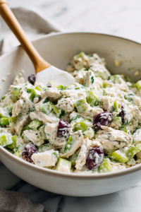 Gently toss everything together until the chicken is evenly coated in the tzatziki dressing