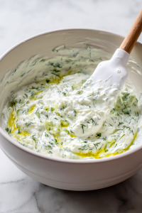 In a large mixing bowl, combine the Greek yogurt, grated cucumber, lemon juice, garlic, dill, mint, olive oil, salt, and black pepper